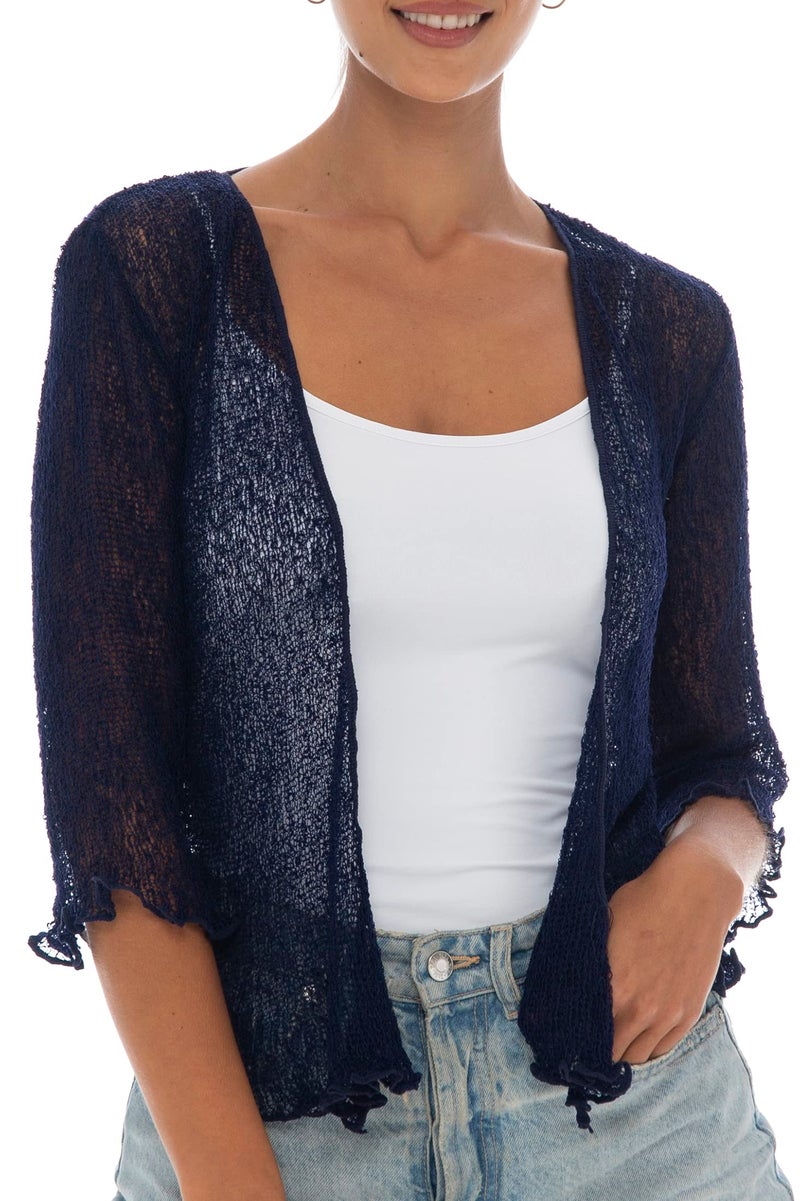 Back From Bali Womens Lightweight Knit Cardigan Shrug Lite Sheer Dark Navy - Image 1